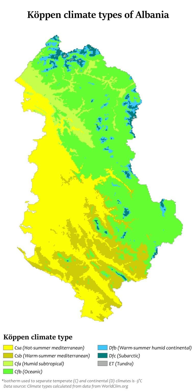 kaart van Albanië klimaat